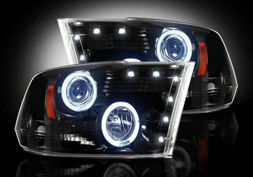 Black LED Halo Headlights 09-18 DODGE RAM w/o Factory Projectors - Click Image to Close